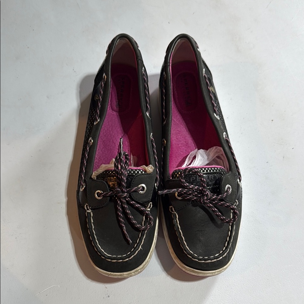 Sperry Black and Pink Leather Loafers with Moccasin Stitching